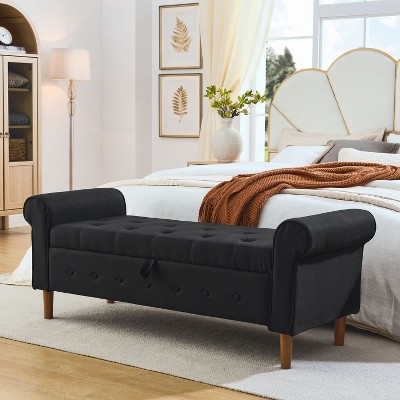 CAVINAS Linen Storage Ottoman Bench with Tufted Buttons and Rolled Arms,Upholstered Storage Ottoman,Storage Benches for Living Room,Bedroom