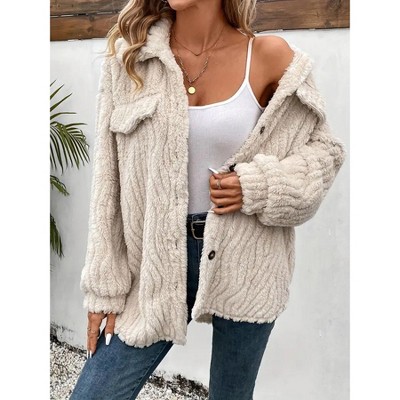Coolmee Women's Winter Fleece Heating Jacket Button Down Stand Collar with Pockets Coats