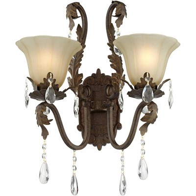 Regency Hill Wall Light Sconce Iron Leaf Roman Bronze Hardwired 15 1/2" High 2-Light Fixture Crystal Scroll Arms Bedroom Bathroom