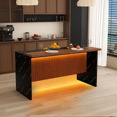 GDFStudio Taryn 63" Modern Marble Look Kitchen Island with LED Lights and Grille Design