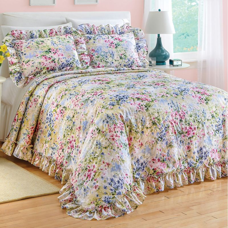 Collections Etc Floral Watercolor Gardenscape Lightweight Plisse Bedspread, 2 of 4
