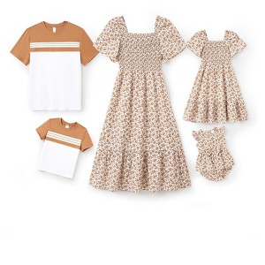 PATPAT Family Matching Outfits Boho Floral Print Square Neck Puff Sleeve Smocked Dress and Short Sleeve T-Shirts Matching Set - 1 of 4