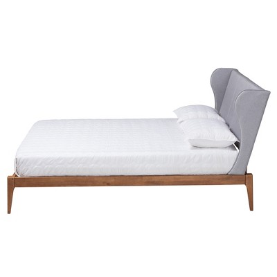 Royce Queen Walnut Wood Frame Gray Upholstered Wingback Bed