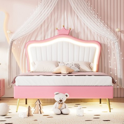 Queen/Full Size Upholstered Platform Bed Frame with LED Lights, Princess Bed with Crown Headboard-ModernLuxe