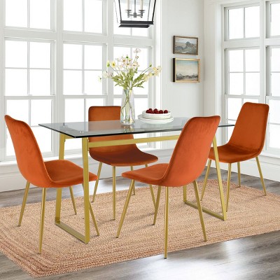 Mona+Bingo 5 Piece Gold Rectangular Clear Tempered Transparent Glass Table with 4 Upholstered Side Chairs-Maison Boucle