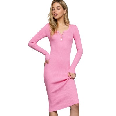 Slickblue Midi Sweater Dress, Henley Neck with Snap Buttons, Women’s Long Sleeve Knit, Black/Pink, Sizes S-L