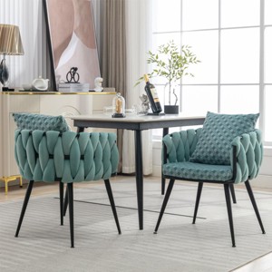 Modern Velvet Dining Chairs Set of 2 with Hand Weaving,Accent Chairs Living Room Chairs Upholstered Side Chair with Black Metal Legs-Cuddlewood - 1 of 4
