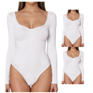 INSPIRE CHIC Women's Bodysuit Long Sleeve Regular Fit V Neck Tummy Control Brief Shapewear 3 Packs - 1 of 4