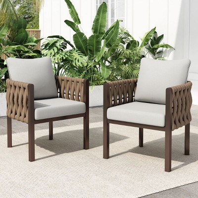 2-Piece Outdoor Metal Patio Club Chairs with Rope Weave and Cushions,Modern Deep Seating for Garden,Porch,Balcony-The Pop Home
