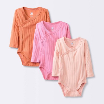 Baby Girls' 3pk Wide Rib Side Snap Long Sleeve Bodysuit - Cloud Island™ Pink 0-3M