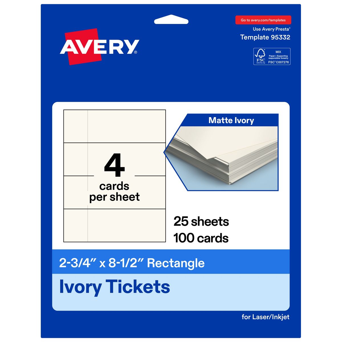 2-3/4" x 8-1/2" Rectangle, Matte Ivory Tickets
