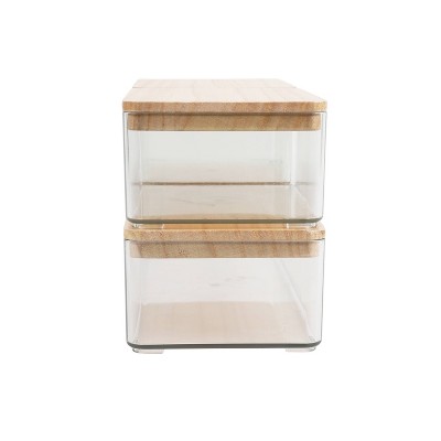 Clear Plastic Stackable Storage Boxes with Light Natural Paulownia Wood Lids, Set of 3