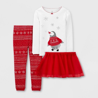 Toddler Girls' 3pc Penguin Snug Fit Pajama Set - Just One You® made by carter's White/Red 4T