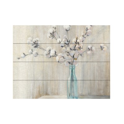 Cotton Bouquet Still Life Wood Slat Art in Beige and Blue