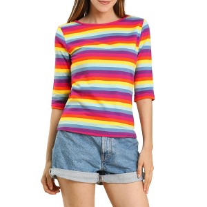 INSPIRE CHIC Women's Elbow Sleeves Boat Slim Fit Casual Stripe Animal Print Multi Floral Pattern T-Shirt - 1 of 4