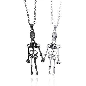 Gothic Skeleton Couple Necklace Set - Vintage Skull Holding Hands Pendant, Punk Matching Jewelry - 1 of 4
