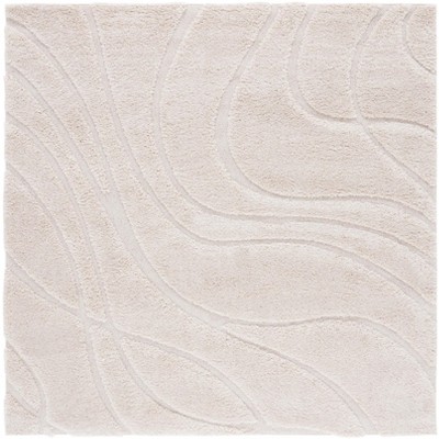 Creme Square Synthetic Shag Area Rug with Abstract Wave Pattern