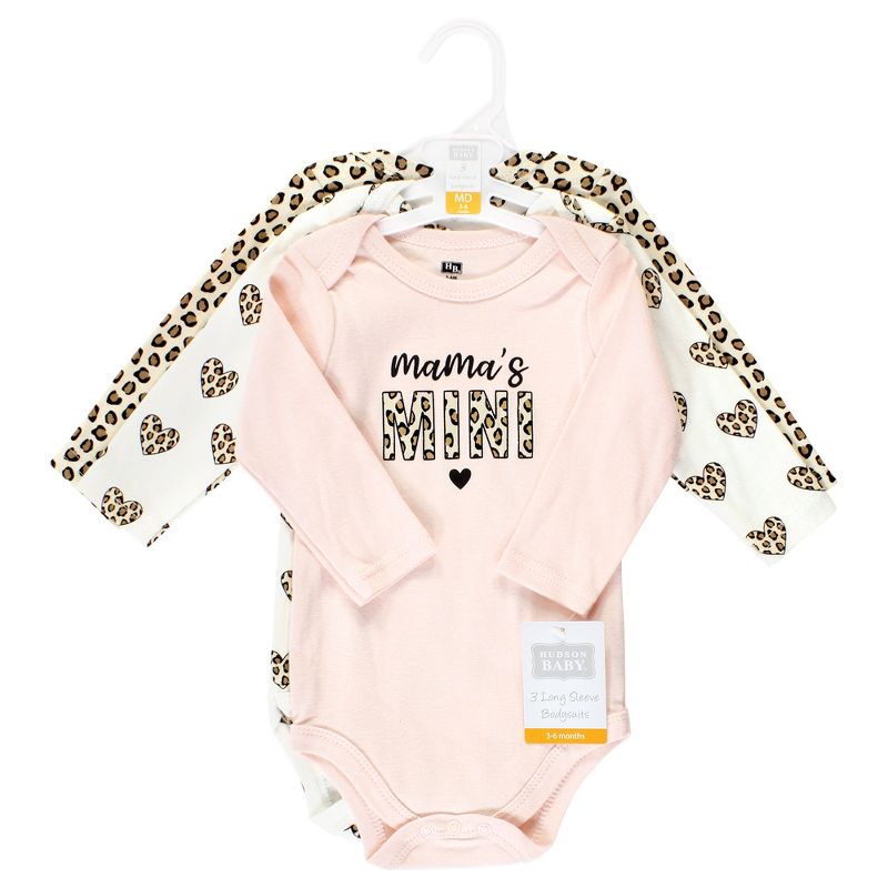 Hudson Baby Infant Girl Cotton Long-Sleeve Bodysuits, Leopard Hearts 3 Pack, 2 of 6