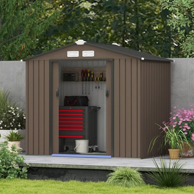 Brown Metal Outdoor Storage Shed with Windows and Sliding Doors