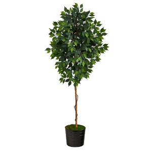 Nearly Natural 74-in Ficus Artificial tree in Black Tin Planter - 1 of 4