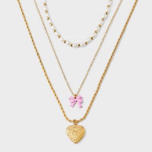 Girls' 3pk Heart Locket Pearls and Bow Charms Necklace - art class™ Gold: Acrylic Zinc Chain Set - 1 of 4