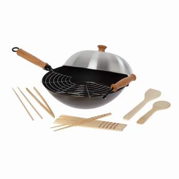  Homeries Pre-Seasoned Cast Iron Wok with 2 Handled and Wooden  Lid (14 Inches) Nonstick Iron Deep Frying Pan with Flat Base for Stir-Fry,  Grilling, Frying, Steaming - For Authentic Asian, Chinese