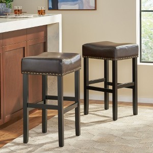 30" Backless Faux Leather Counter Stools Set of 2 with Saddle Seat, Cushioned Hardwood Frame and Chrome Nailhead Trim for Kitchen - 1 of 4