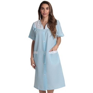 Dreamcrest Womens Short Sleeve Duster, Seersucker Gingham Housecoat Women Sleepwear Embroidered Snap Front Nightgown - 1 of 3