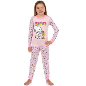 Peanuts Snoopy and Woodstock Girls' Pajamas Tight Fit Sleep Set - 1 of 4