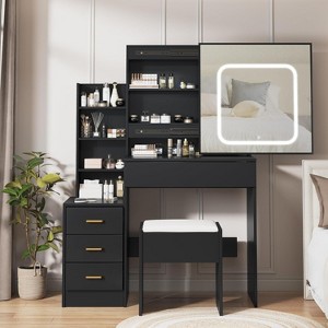 Acekool Storage Cabinet Dresser with LED Lights, Electrical Outlet, 4 Drawers & Stool, Sliding Mirror, 3 Lighting Modes - 1 of 4