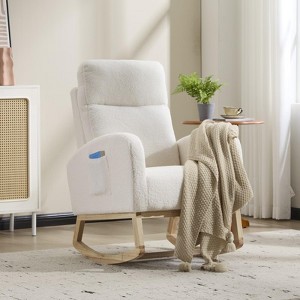 Kumasinova Teddy Accent Rocking Chair,Upholstered Nursery Glider Rocker with Side Pocket,Comfy Armchair with High Back for Living Room,Bedroom,White - 1 of 4