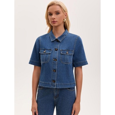 Женские куртки INSPIRE CHIC Women's Turndown Collar Button Chest Pockets Short Sleeve Cropped Jean Jacket X-Large Blue — фото 2