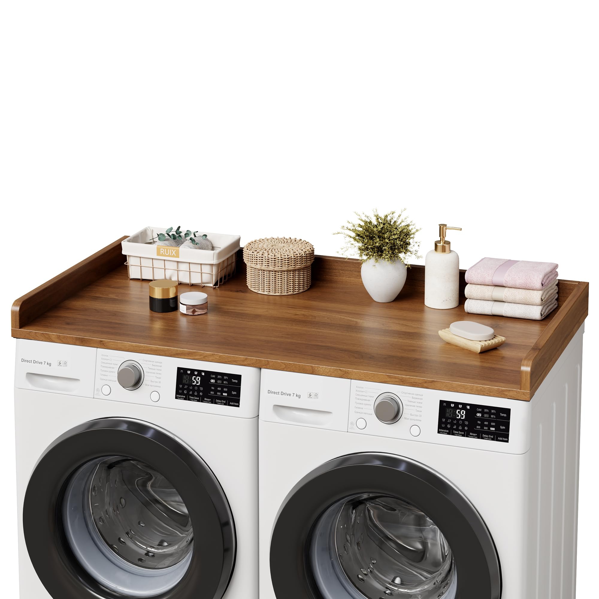 Wooden Laundry Countertop 54.3x27.6 Inch Washer Dryer Topper with Edge Rails for Laundry Room Organization Storage