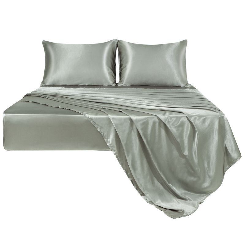 PiccoCasa Satin Polyester with 2 Envelope Pillowcases Elastic Deep Pocket Fitted Sheet Set 4 Pcs, 1 of 8