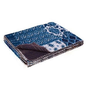 50" X 70" Blue And Pink Floral Cotton Quilted Kantha Throw Blanket with Embroidery - 1 of 4