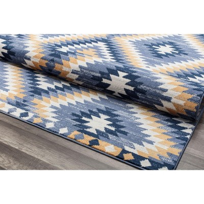 Soleil Geometric Kilim Denim Blue Round Area Rug, 8'9"x12'