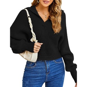 Coolmee Women Oversized Puff Long Sleeve V Neck Knitted Polo Pullover Sweater Crop Jumper Tops - 1 of 4