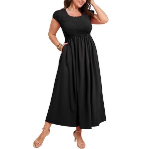 Women's Plus Size Maternity Maxi Dress Summer Casual Round Neck Short Sleeve Smocked High Waist Maxi Dresses with Pockets - 1 of 4