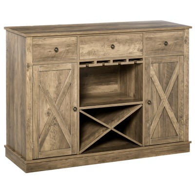 HOMCOM Farmhouse Sideboard Buffet Table Storage Cabinet with 3 Drawers X-Shaped Wine Rack Stemware Holder & Cabinets