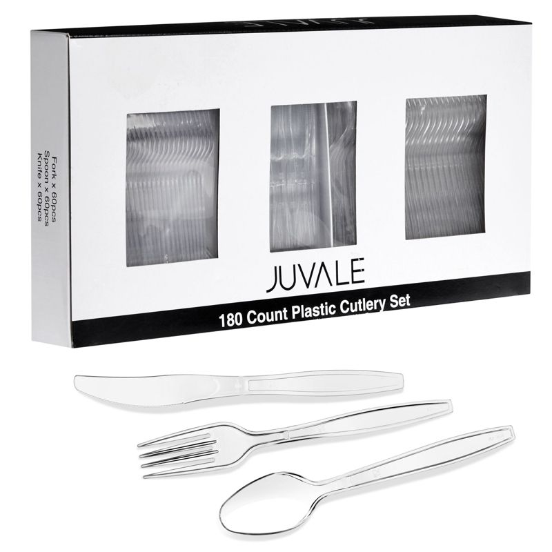 Juvale 180 Count Clear Disposable Plastic Cutlery Flatware Set - Spoons, Forks & Knives for Party Supplies, 5 of 9