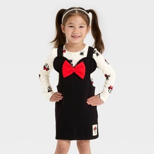 Toddler Girls' 2pc Disney Minnie Mouse Top and Knit Denim Dress Set - Ivory/Black - 1 of 3