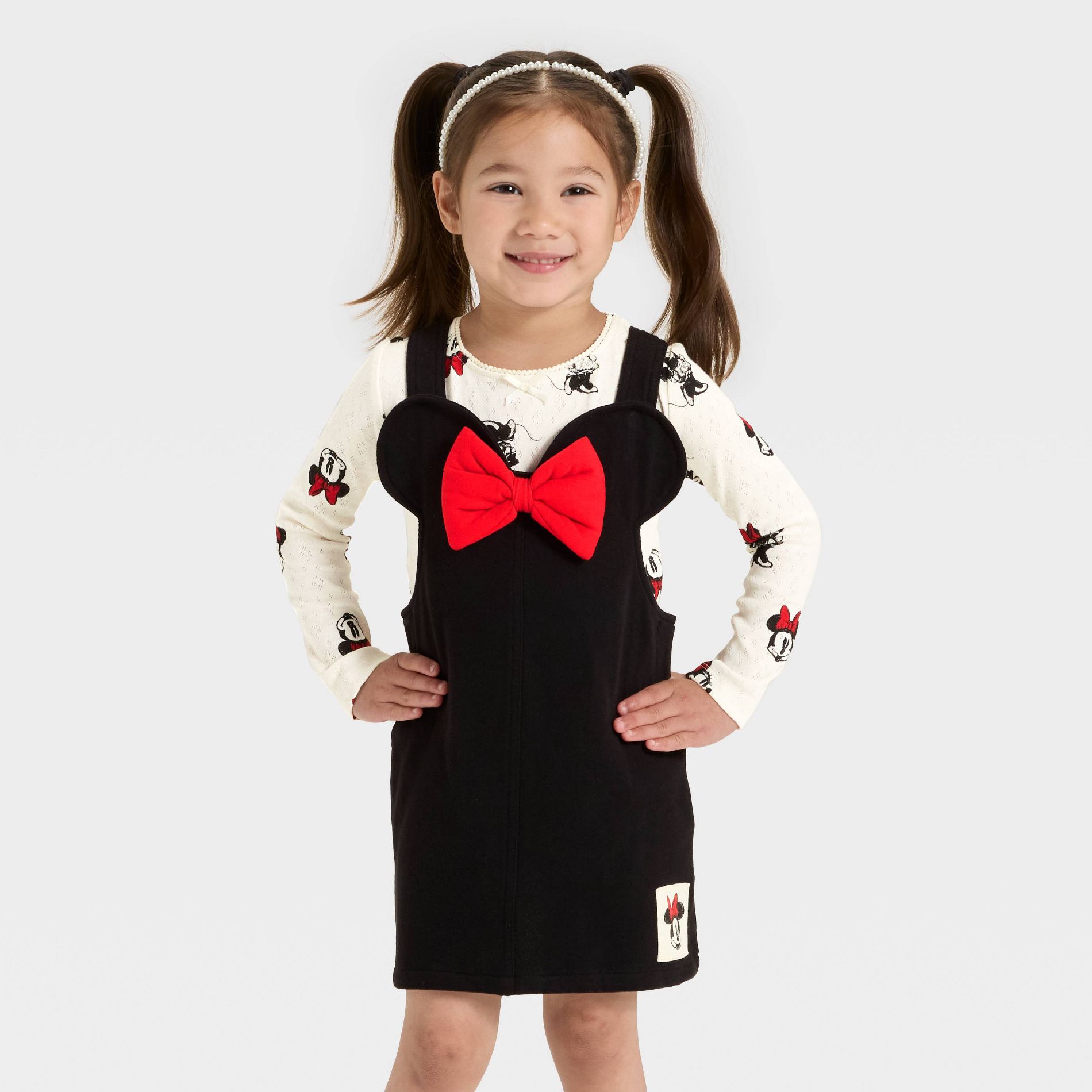 Toddler Girls' 2pc Disney Minnie Mouse Top and Knit Denim Dress Set - Ivory/Black 4T