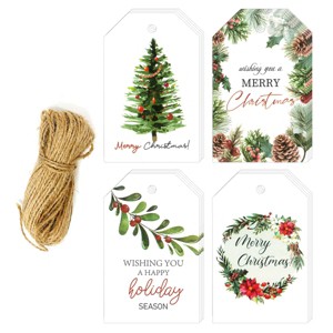 Wrapables Merry Christmas Gift Tags/Kraft Hang Tags with Jute Strings for Gift-Wrapping, Labeling, Package Decoration, (100pcs) - 1 of 4