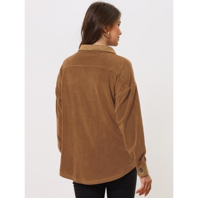 Allegra K Women's Microfleece Turnover Collar Button Down Lightweight Shirt Jacket Brown Medium — фото 4