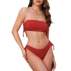 INSPIRE CHIC Women's Bandeau Drawstring Side Tie Ribbed Bikini Sets, Strapless Top Triangle Bottom Swimwear Bathing Suits 1 Set - 1 of 4