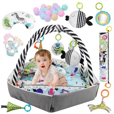 Babyluv "4-in-1 Baby Gym Play Mat, Ball Pit, Lounger & Activity Center with Pillow, 18 Balls & 9 Toys" Grey