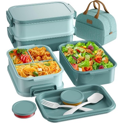 Adults Bento Lunch Box Set with Thermo Bag, 74oz Stackable Leak-proof 3-tiers Bento Box, Built-in Utensil and Sauce Container for Work, School