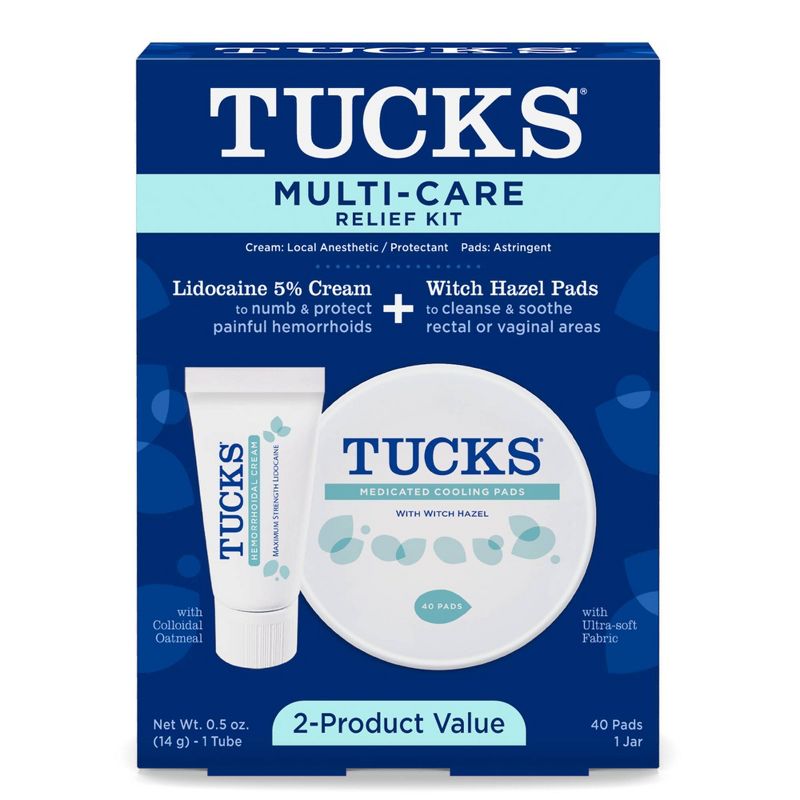 Tucks Multi-Care Relief Kit Witch Hazel Pads - 40ct &#38; Lidocaine Cream - 0.5oz, 1 of 9