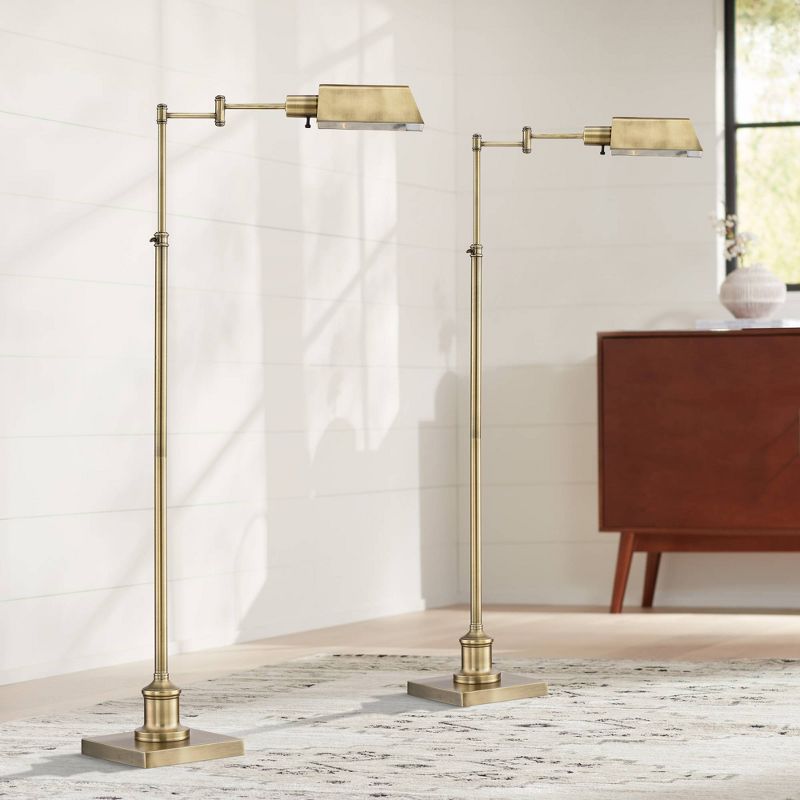 Regency Hill Jenson Traditional 54" Tall Standing Floor Lamps Set of 2 Lights Swing Arm Pharmacy Adjustable Gold Metal Aged Brass Finish Living Room, 2 of 10