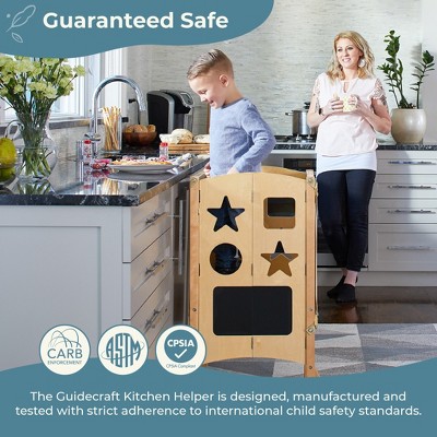 Guidecraft Classic Kitchen Helper Kids' Step Stool: Folding, Adjustable Kids Non-Slip Learning Toddler Tower with Safe Keepers